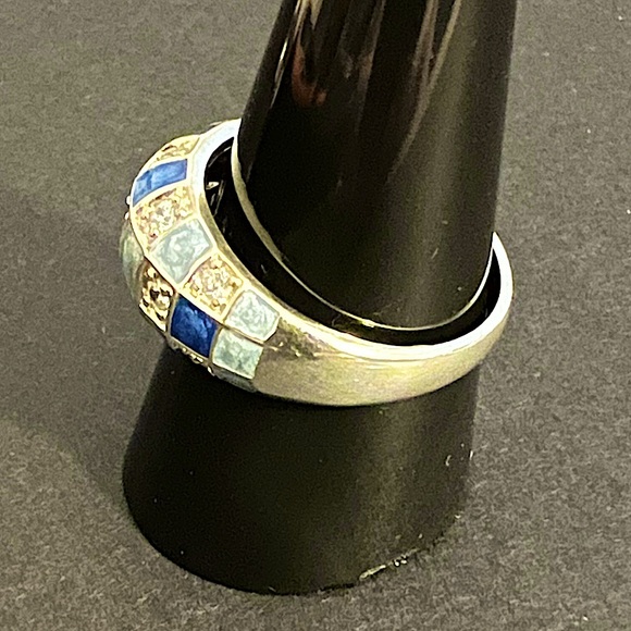 Sterling Silver Enamel Cubic Zirconia Checkerboard Ring & Pendant - Picture 3 of 10